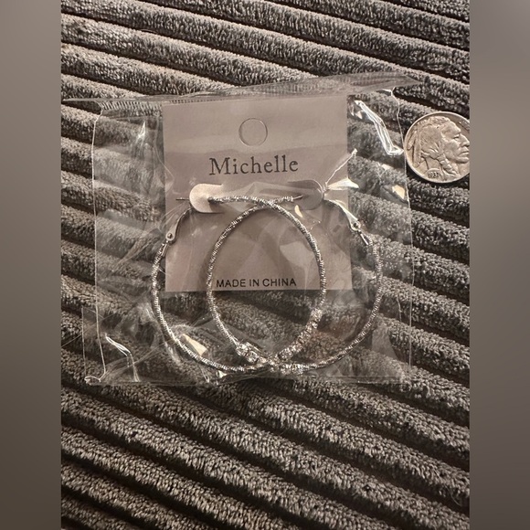 Large  Silver Tone Classic Hoop Earrings with Rhinestone Detail - Picture 1 of 3